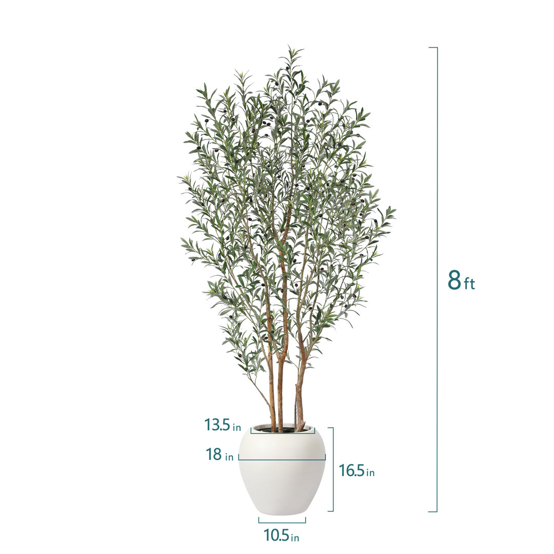 George 8ft Artificial Olive Tree with White Tall Planter, Faux Olive Tree with Natural Trunk